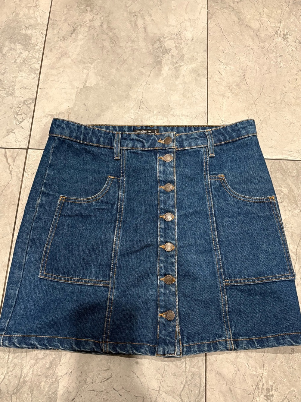 stradivarius Dark Blue Button-Front Denim Mini Skirt
